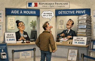 Dessin satirique opposant le guichet de l’aide à mourir à celui du détective privé, avec deux jours de réflexion contre quatorze jours de rétractation.