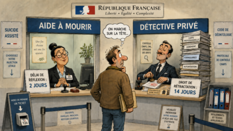 Dessin satirique opposant le guichet de l’aide à mourir à celui du détective privé, avec deux jours de réflexion contre quatorze jours de rétractation.