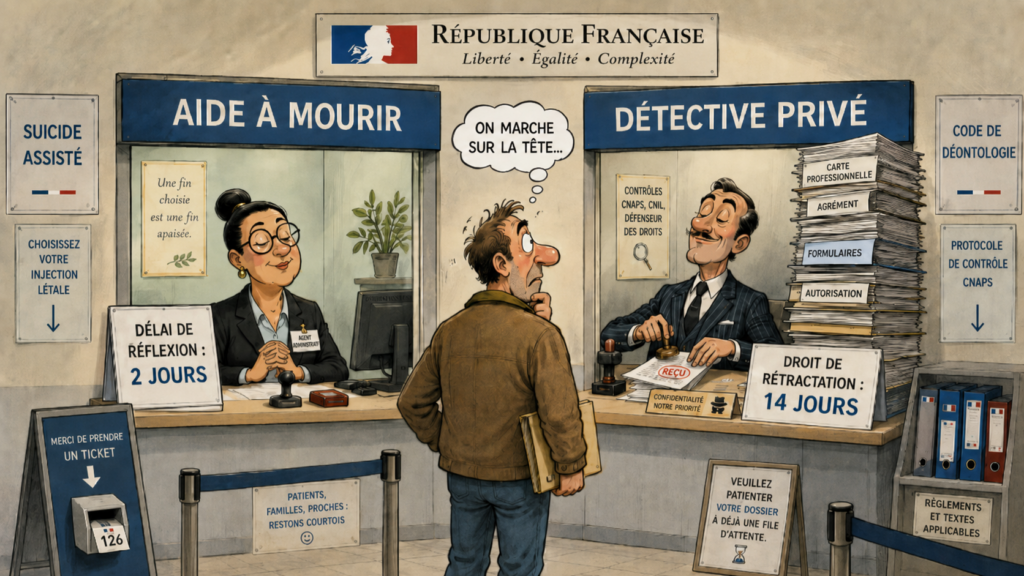 Aide à mourir et détective privé : deux jours contre quatorze Dessin satirique opposant le guichet de l’aide à mourir à celui du détective privé, avec deux jours de réflexion contre quatorze jours de rétractation.